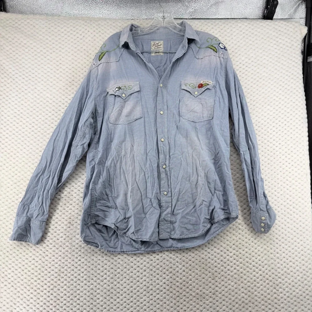 Lucky Brand Western Sportswear Embroidered Chambray Shirt Womens L Blue‎ Cotton - Picture 2 of 11
